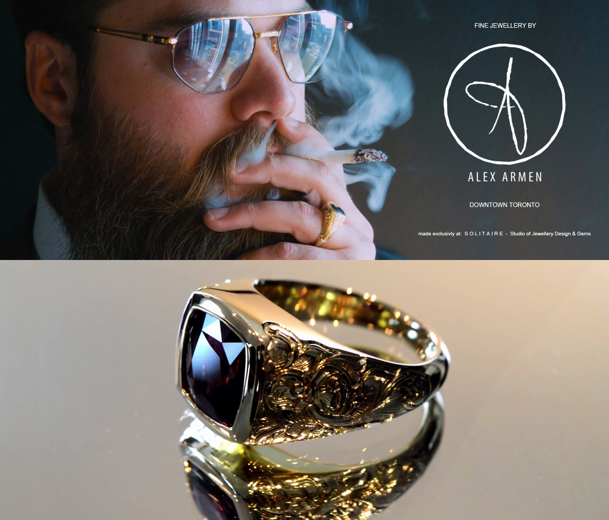 Alex Armen: Men's Gold and Spinel Ring with Hand-Engraving